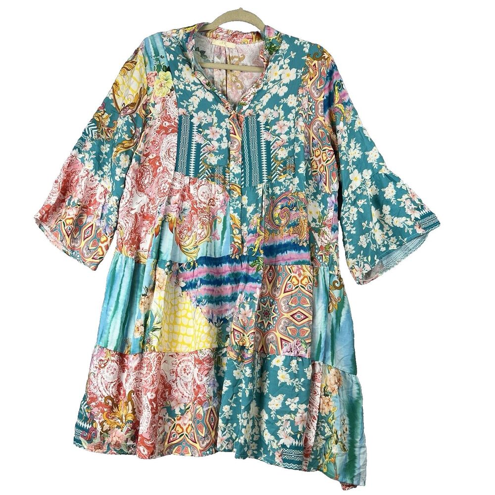 Women Dress  Large Made In Italy Mix Print Patch Dress‎ Fairy Bell Sleeve
